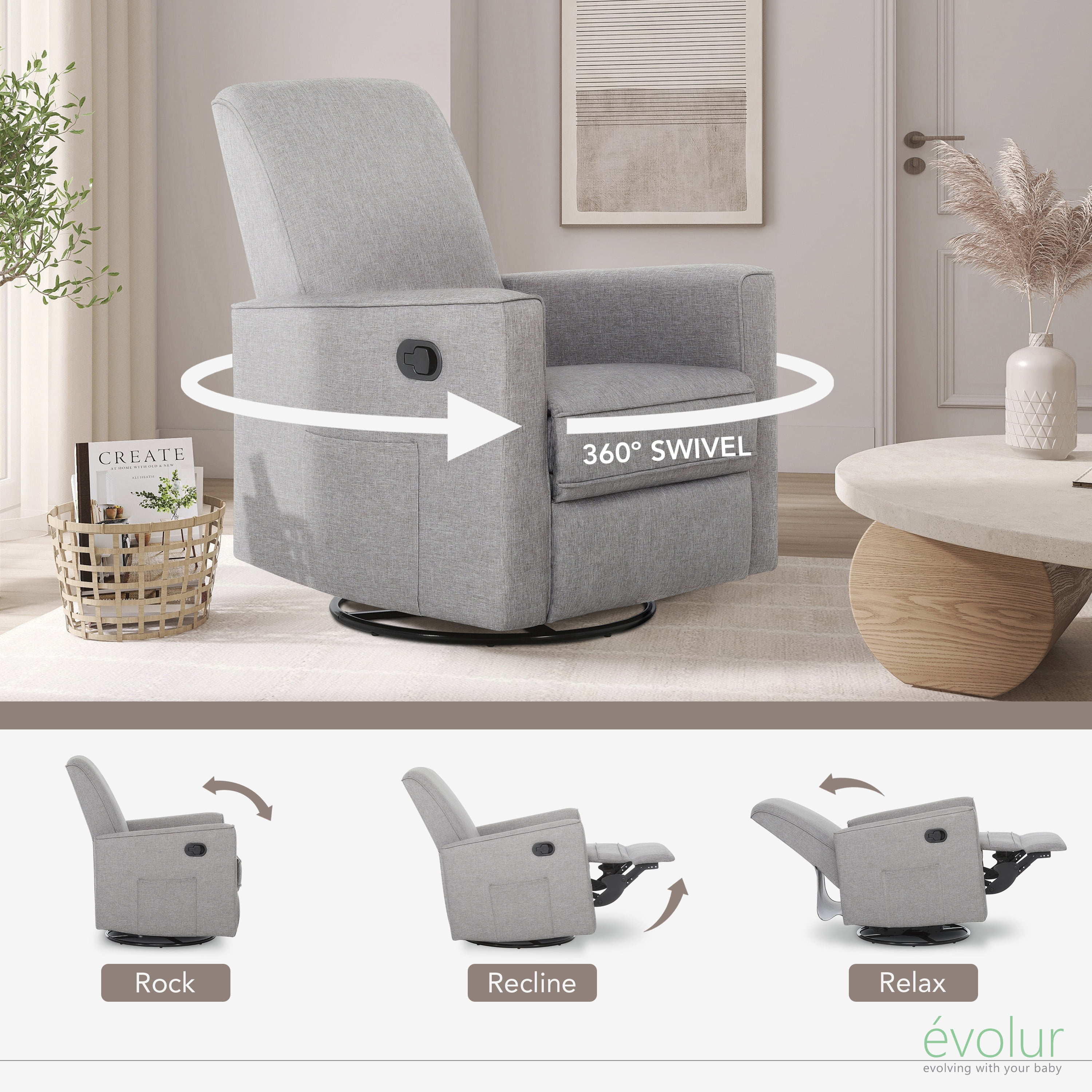 Evolur Raleigh Nursery Glider Recliner and Rocking Chair (Light Gray, 250 lb Capacity) pqmba