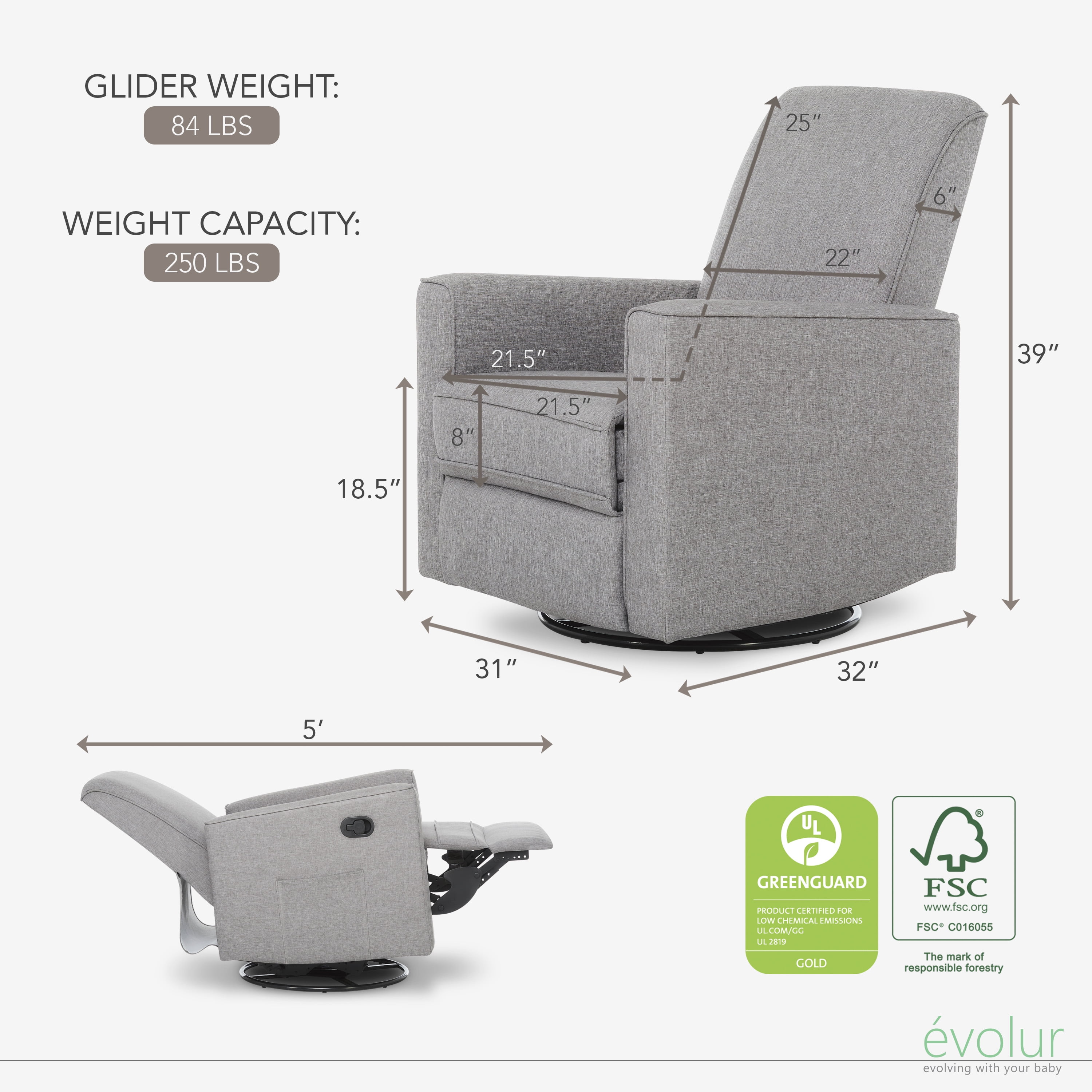 Evolur Raleigh Nursery Glider Recliner and Rocking Chair (Light Gray, 250 lb Capacity) pqmba