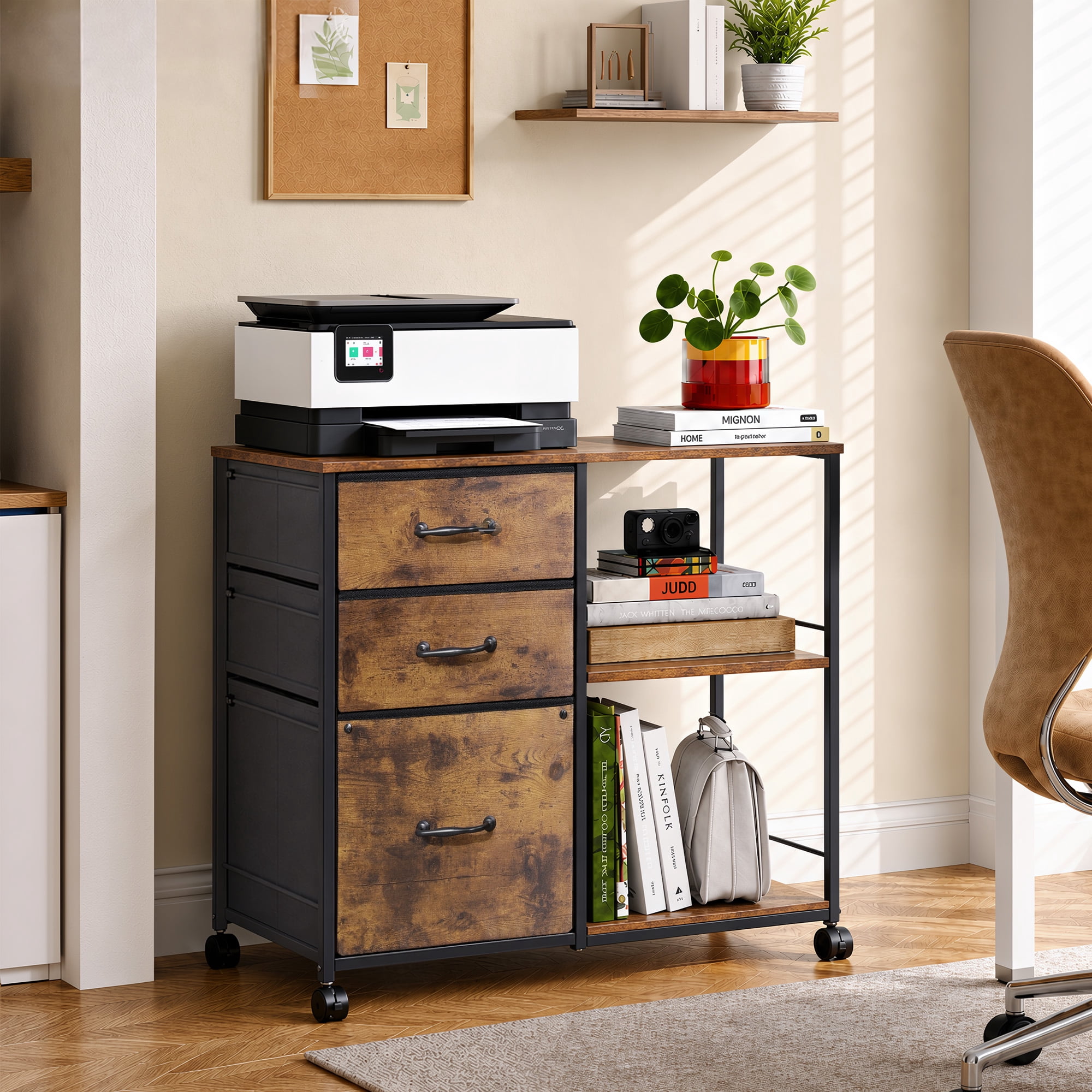 GALAXHERO 3-Drawer Rolling File Cabinet, Mobile Printer Stand with Side Storage, Rustic Brown Wood Grain (Fits Letter/A4) 9u9ap