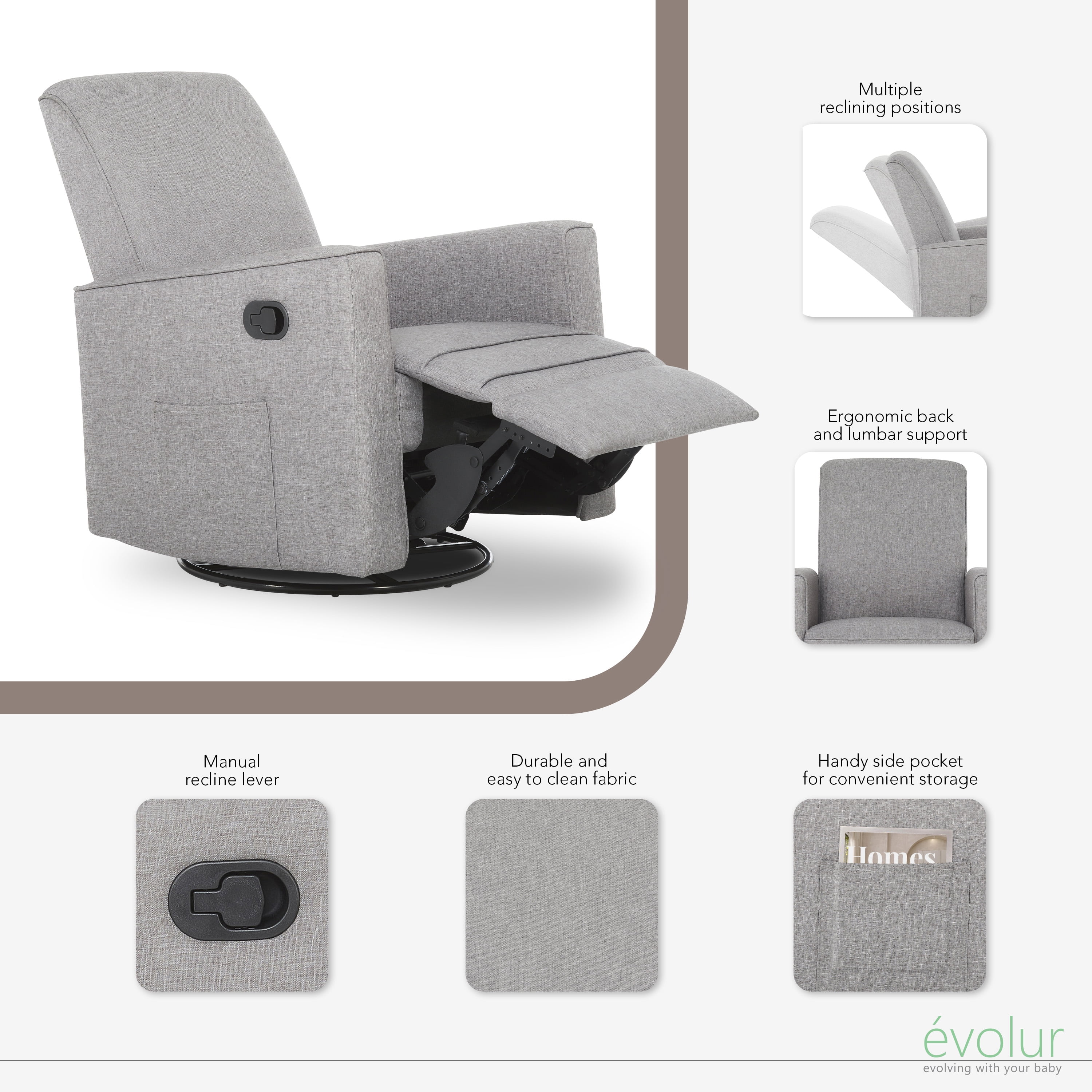 Evolur Raleigh Nursery Glider Recliner and Rocking Chair (Light Gray, 250 lb Capacity) pqmba