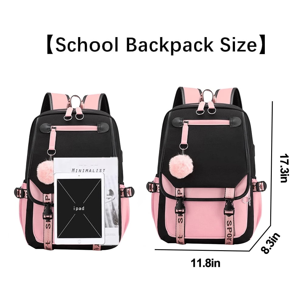 SANMADROLA School Backpack for Girls, Heavy Duty Kids Bookbag with USB Charging Port (Black, 21L) medx3