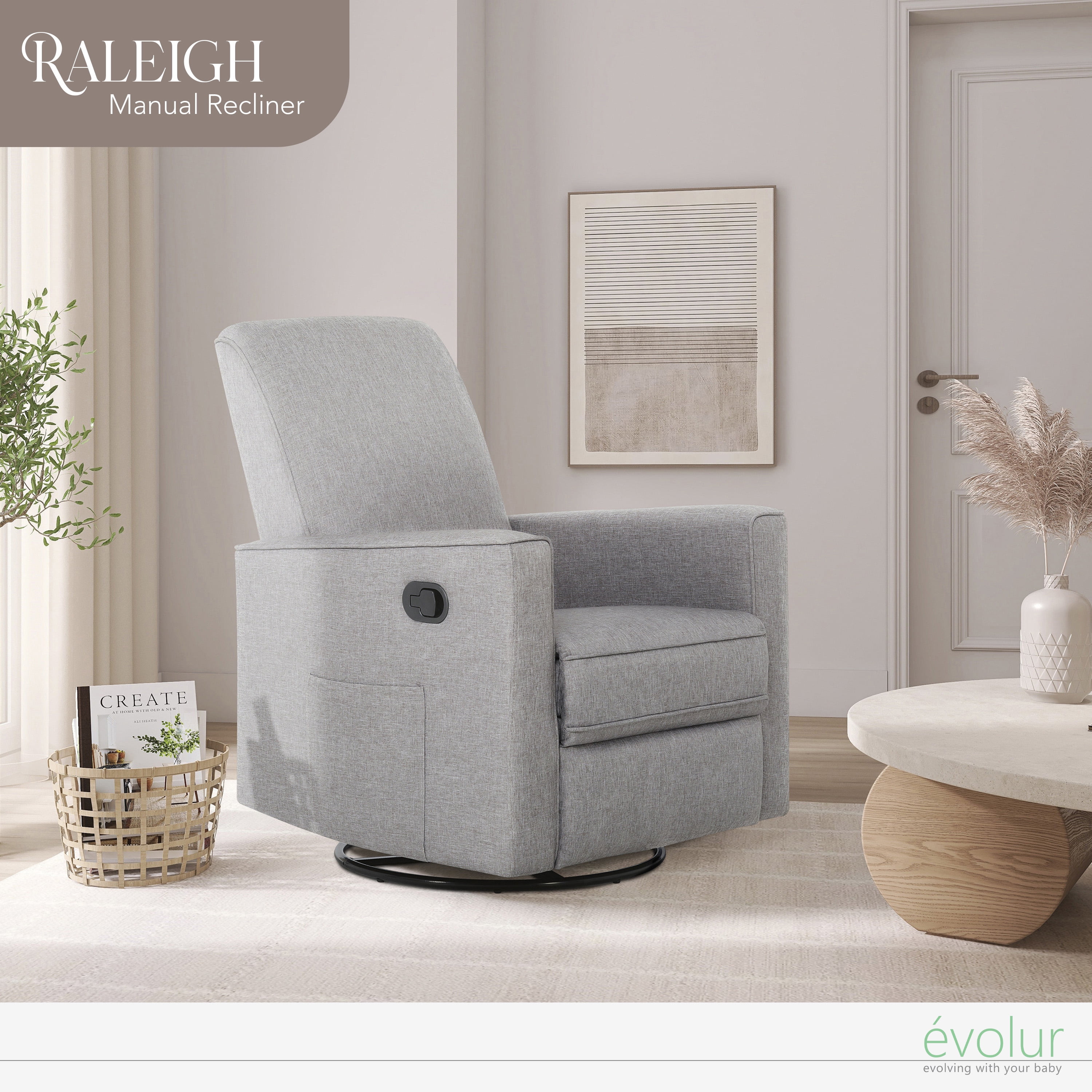 Evolur Raleigh Nursery Glider Recliner and Rocking Chair (Light Gray, 250 lb Capacity) pqmba