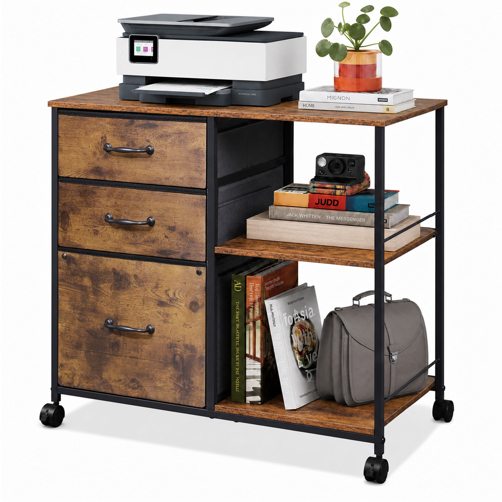 GALAXHERO 3-Drawer Rolling File Cabinet, Mobile Printer Stand with Side Storage, Rustic Brown Wood Grain (Fits Letter/A4) 9u9ap