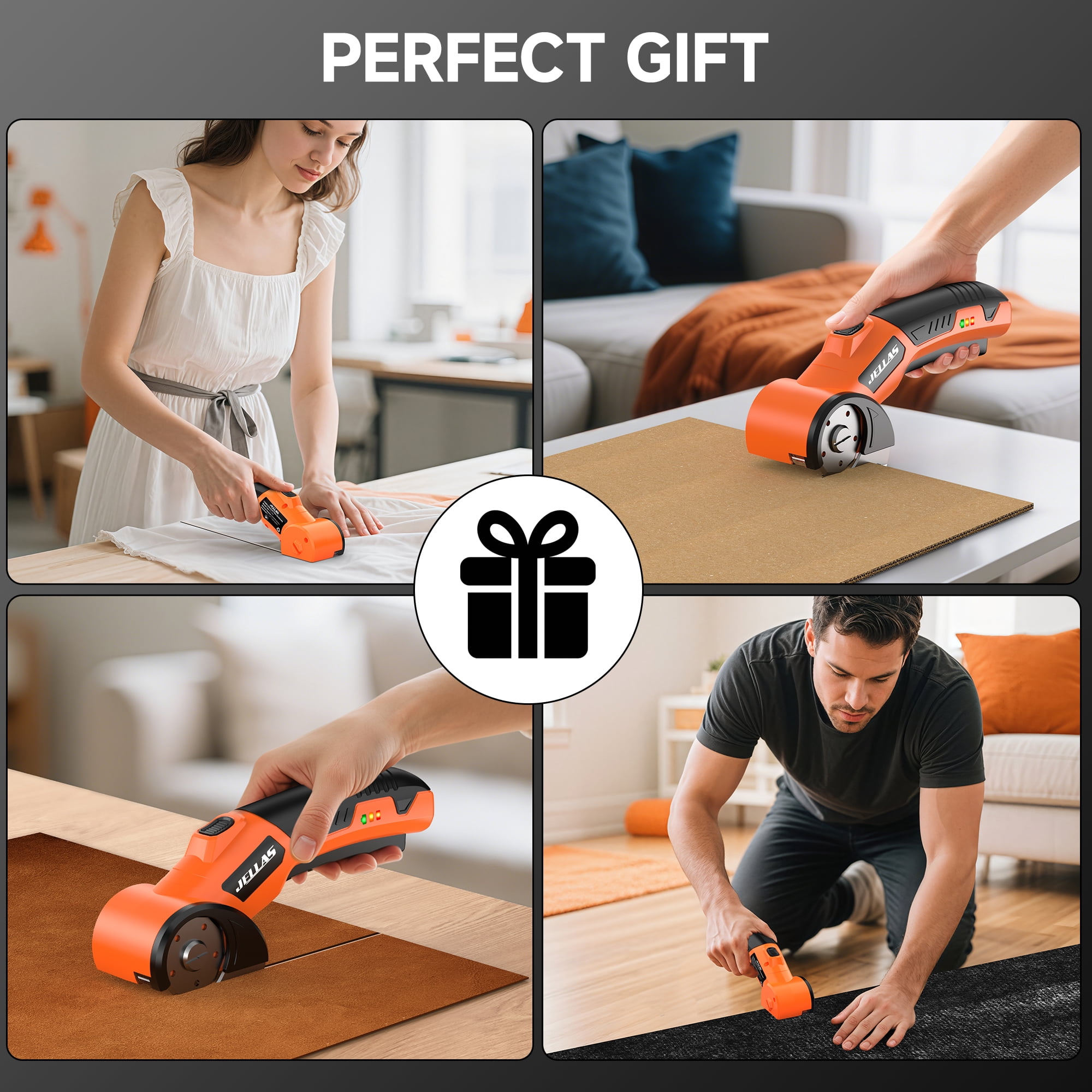 Jellas Cordless Electric Scissors for Cardboard and Fabric (4V Rechargeable Power Cutter with LED Light, 0.82 lb) cq8mb