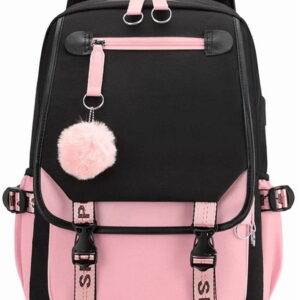 SANMADROLA School Backpack for Girls, Heavy Duty Kids Bookbag with USB Charging Port (Black, 21L) medx3