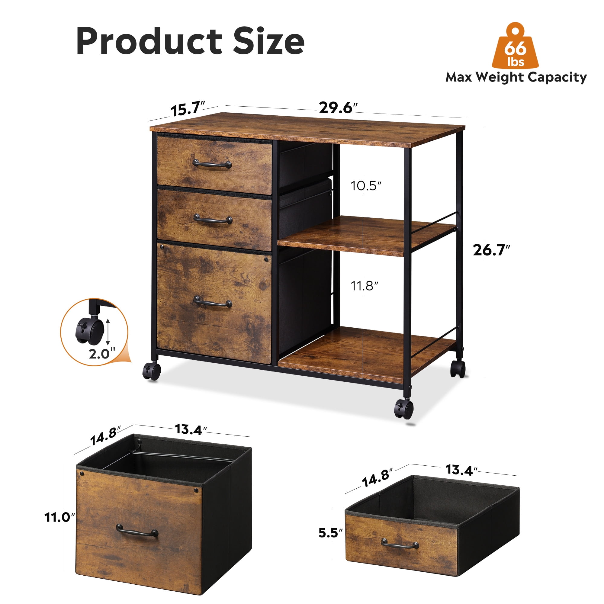 GALAXHERO 3-Drawer Rolling File Cabinet, Mobile Printer Stand with Side Storage, Rustic Brown Wood Grain (Fits Letter/A4) 9u9ap