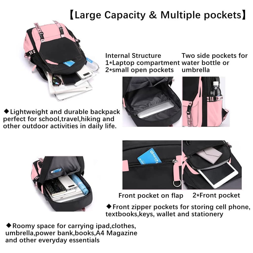 SANMADROLA School Backpack for Girls, Heavy Duty Kids Bookbag with USB Charging Port (Black, 21L) medx3