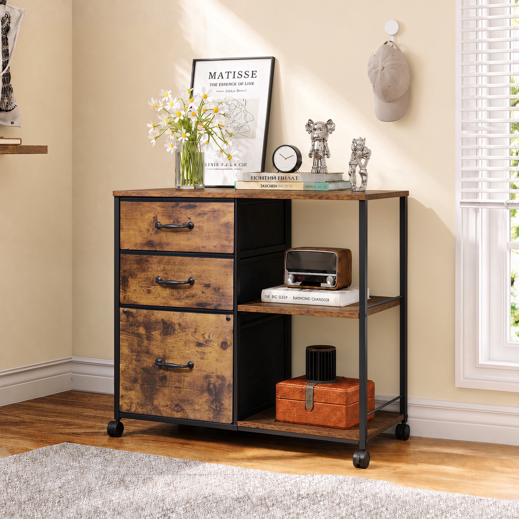 GALAXHERO 3-Drawer Rolling File Cabinet, Mobile Printer Stand with Side Storage, Rustic Brown Wood Grain (Fits Letter/A4) 9u9ap