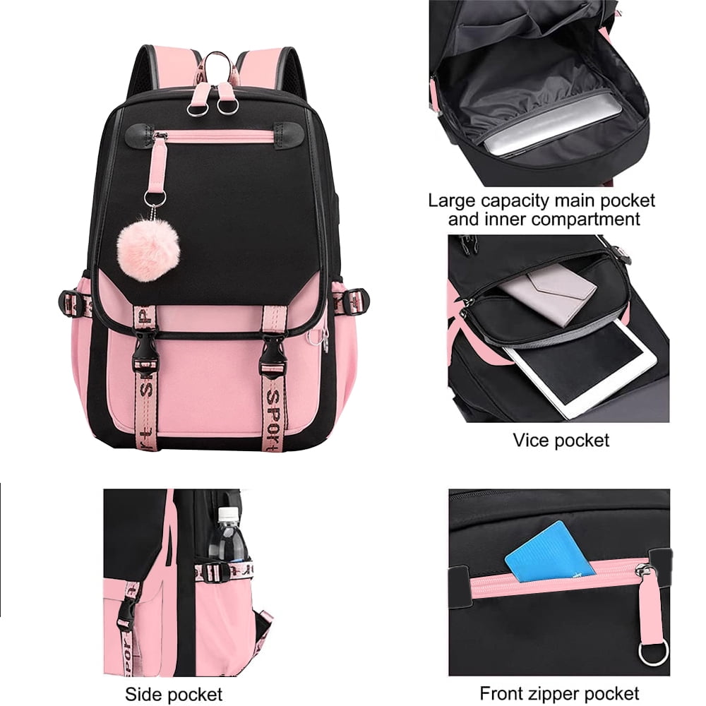 SANMADROLA School Backpack for Girls, Heavy Duty Kids Bookbag with USB Charging Port (Black, 21L) medx3