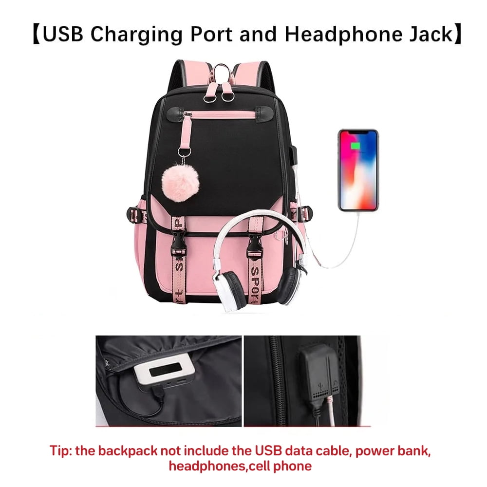 SANMADROLA School Backpack for Girls, Heavy Duty Kids Bookbag with USB Charging Port (Black, 21L) medx3