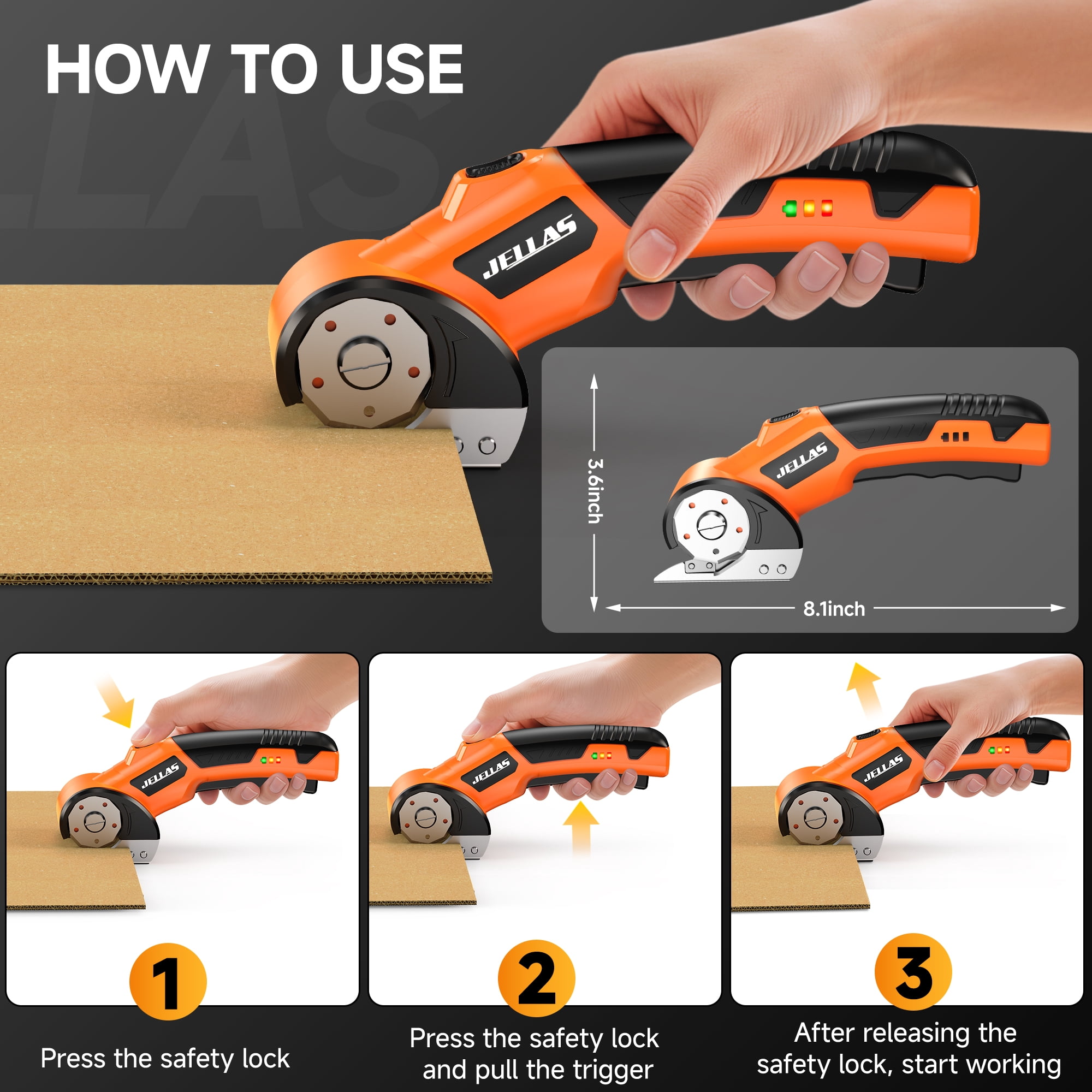 Jellas Cordless Electric Scissors for Cardboard and Fabric (4V Rechargeable Power Cutter with LED Light, 0.82 lb) cq8mb