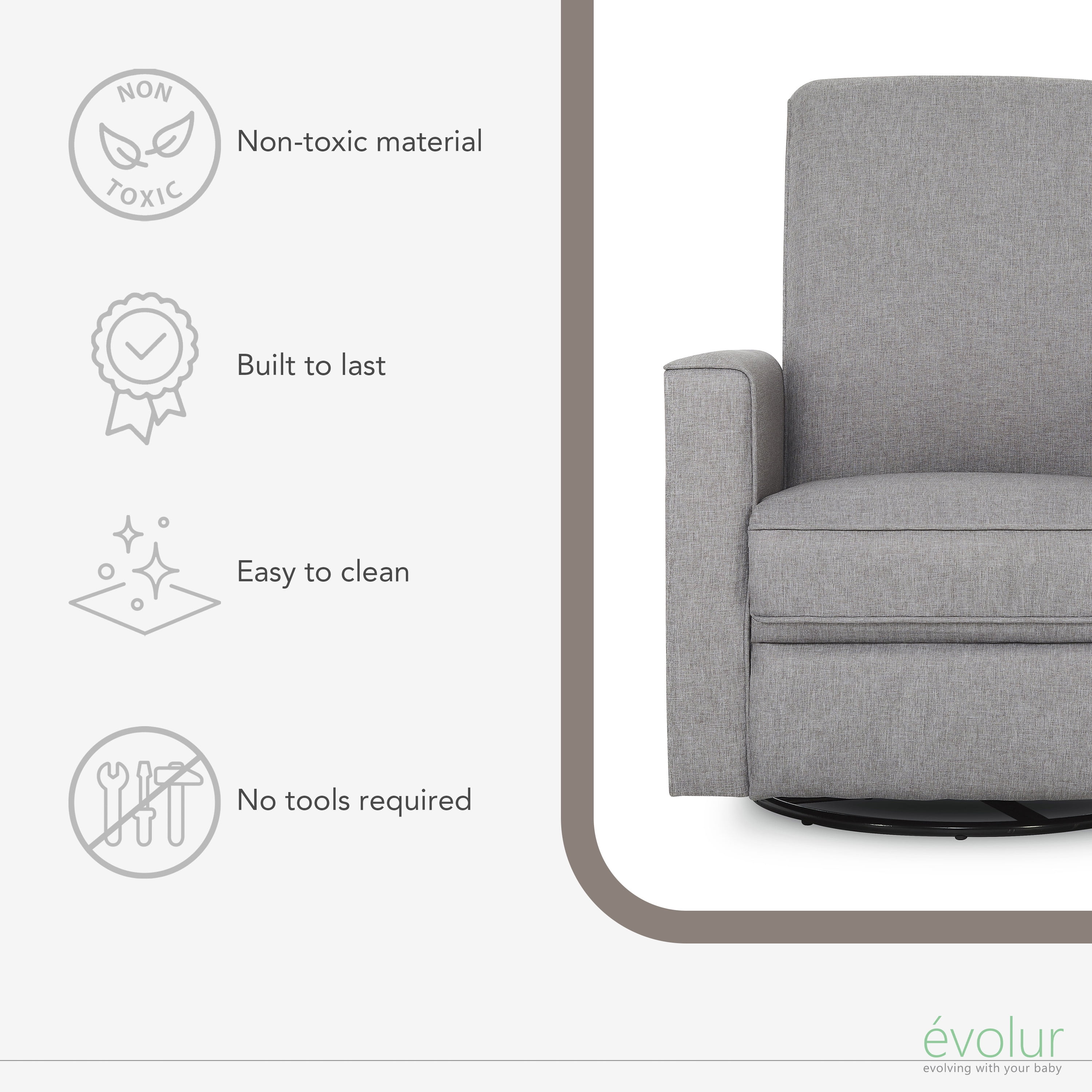 Evolur Raleigh Nursery Glider Recliner and Rocking Chair (Light Gray, 250 lb Capacity) pqmba