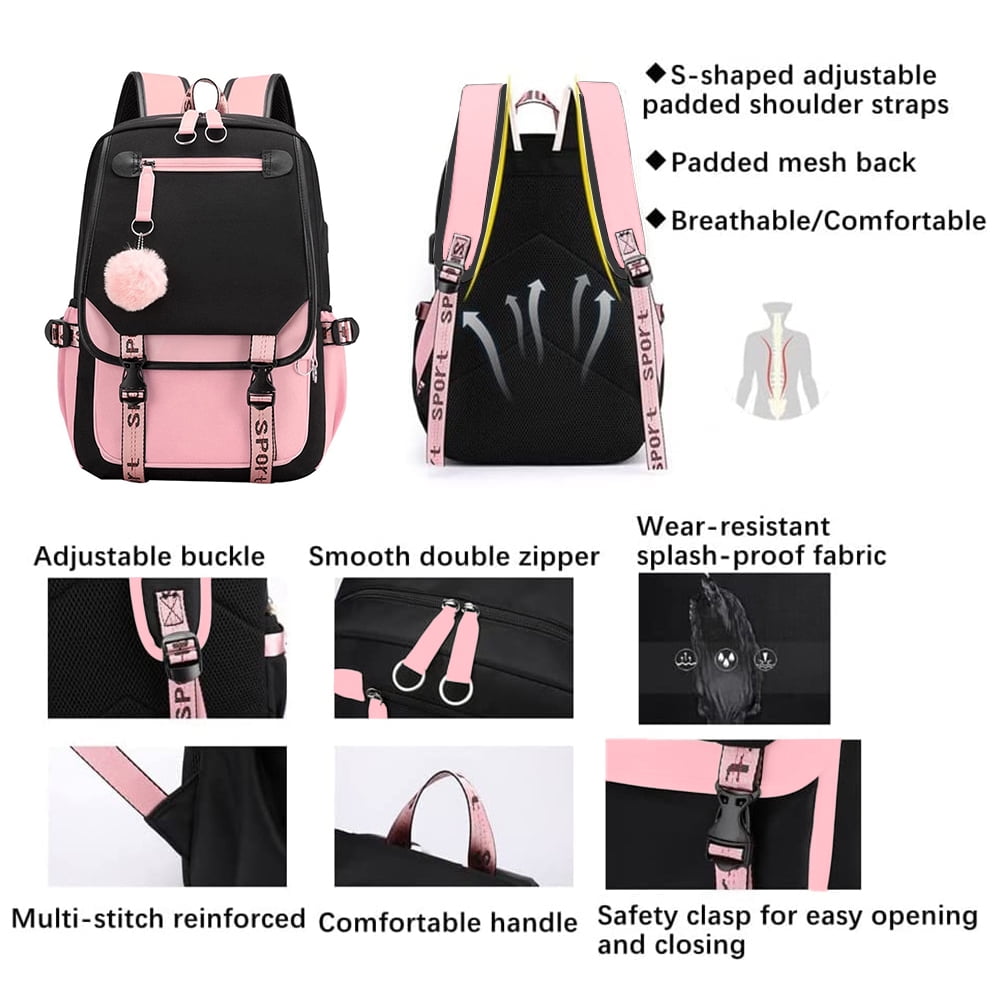 SANMADROLA School Backpack for Girls, Heavy Duty Kids Bookbag with USB Charging Port (Black, 21L) medx3