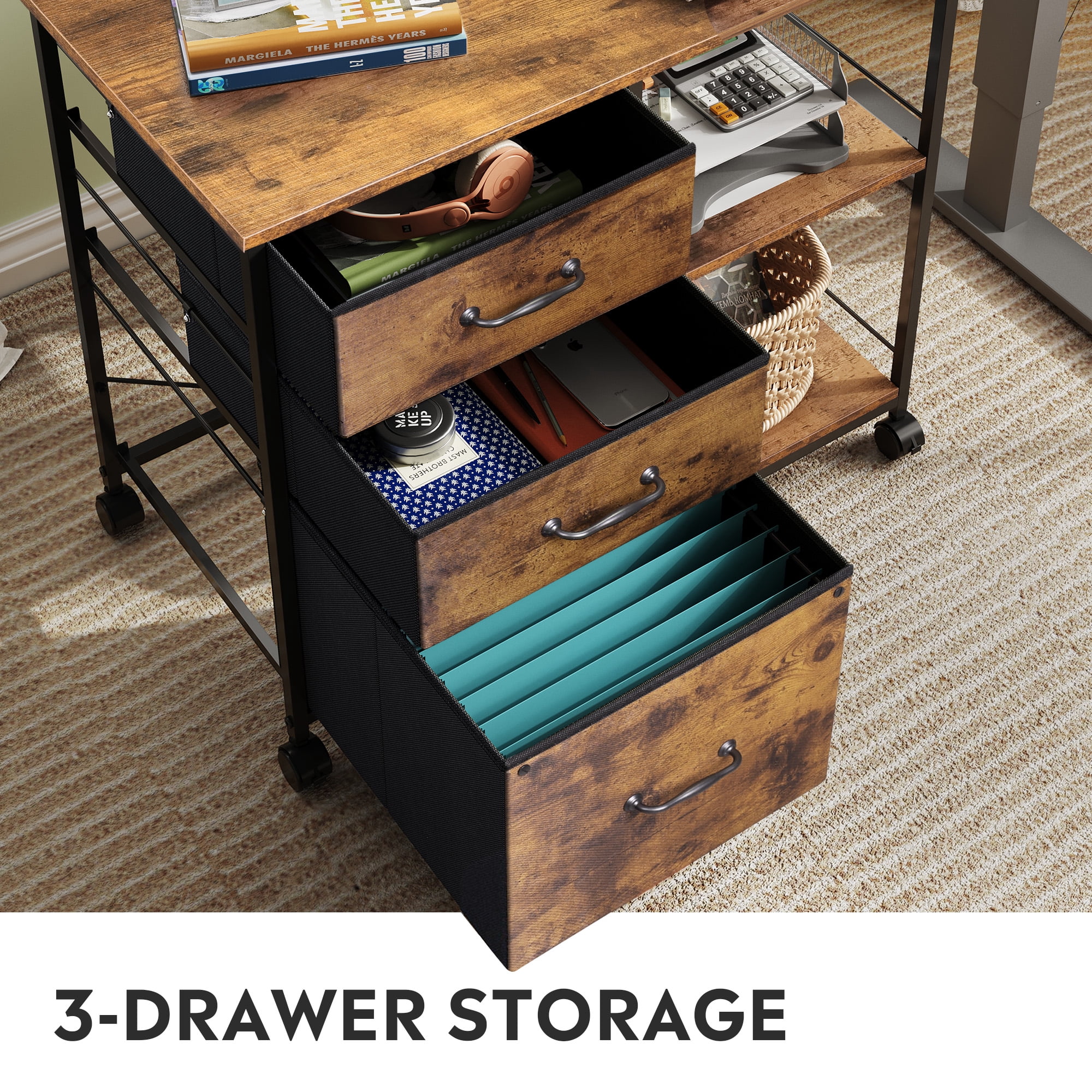 GALAXHERO 3-Drawer Rolling File Cabinet, Mobile Printer Stand with Side Storage, Rustic Brown Wood Grain (Fits Letter/A4) 9u9ap