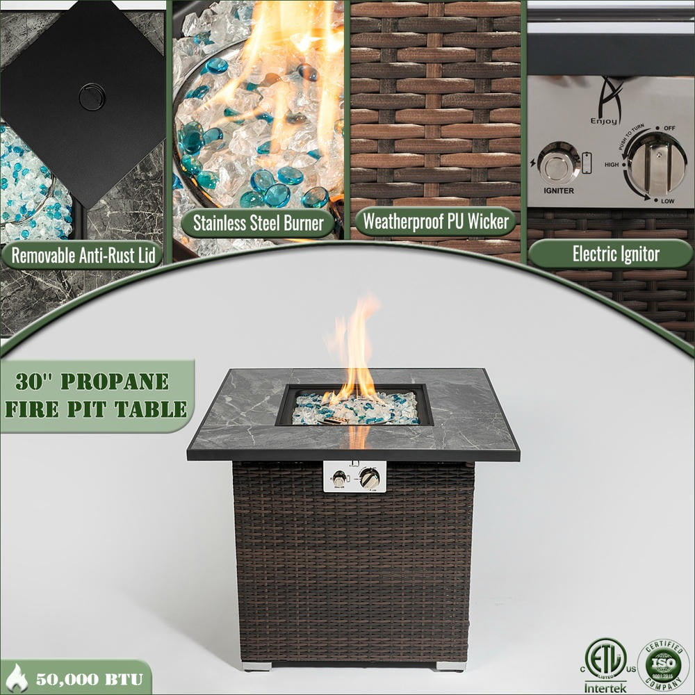 Barara King 30 in Propane Fire Pit Table with Wicker Base and 50000 BTU Heat Output (Brown, 30 in) d67f3